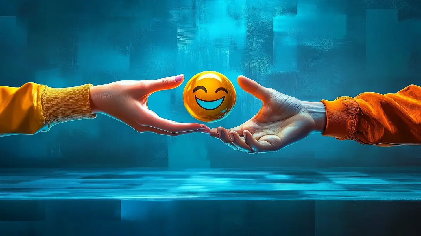 One hand is handing over a smiling emoji to another hand