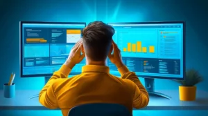 A person scratching his head is facing two screens showing a CRM dashboard and an email marketing dashboard