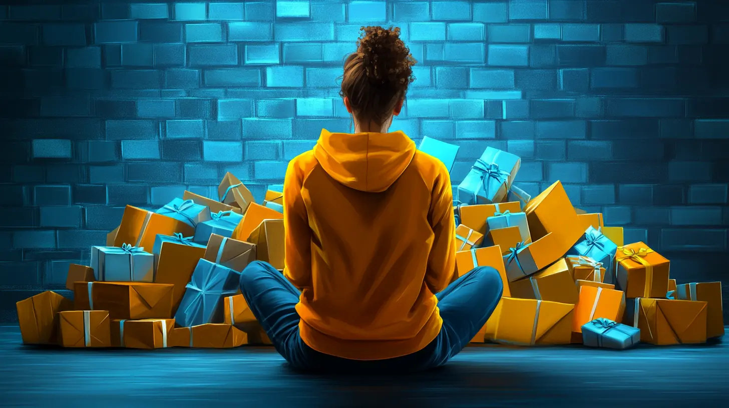 A person sitting down on the floor and facing an overflowing number of gift wrapped boxes