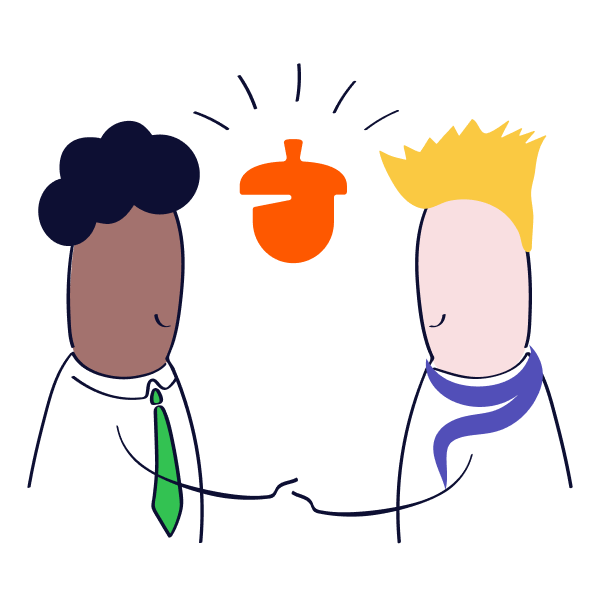 Two businesspeople shaking hands with Nutshell logo between them