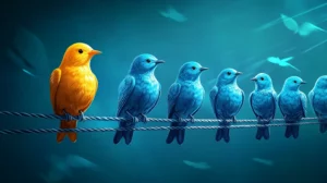 a flock of blue birds sitting on a wire against a clear light blue sky with one orange bird sitting on the left