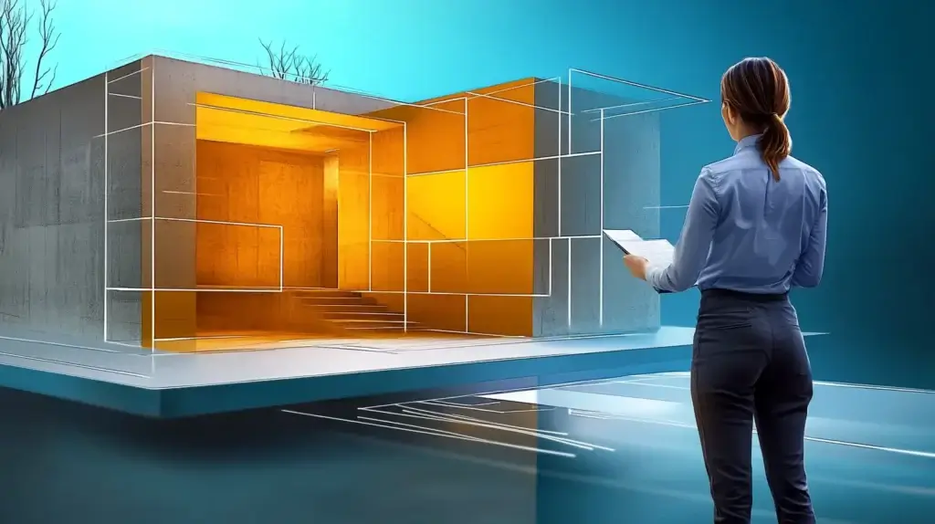 A person is standing and looking at a building in perspective with parts of the building still architectural design