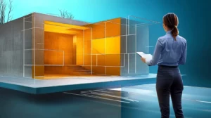 A person is standing and looking at a building in perspective with parts of the building still architectural design