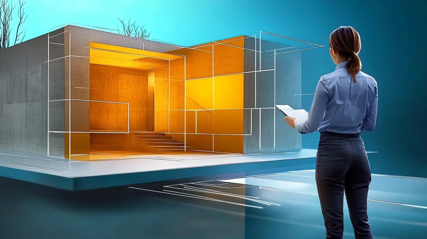 A person is standing and looking at a building in perspective with parts of the building still architectural design