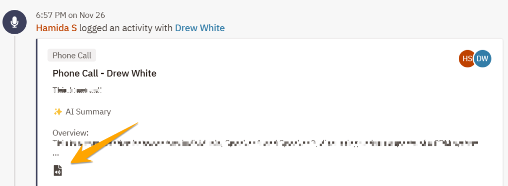 Screenshot of the click-to-call transcription icon on logged activity