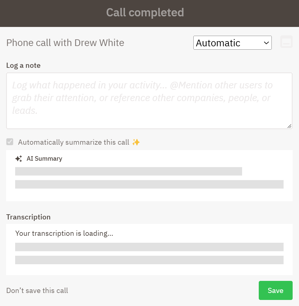 Screenshot of a loading click-to-call AI summary and transcription 