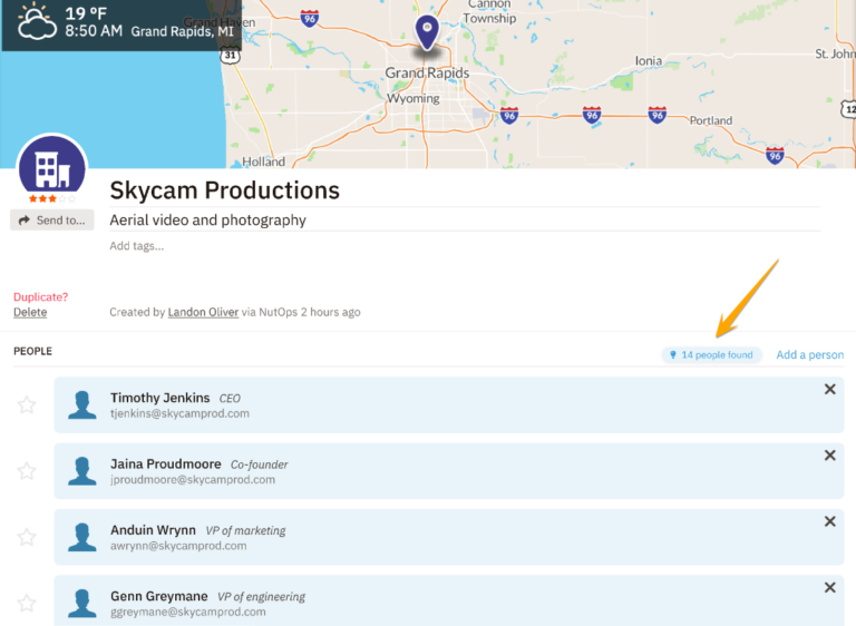 Skycam Productions business profile listing team members with map and contact information