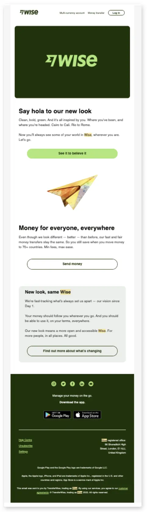 Wise rebranding announcement email example