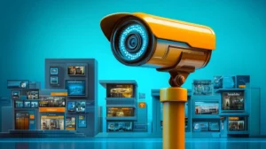 A CCTV camera on top of a post is pointing to a spot with different stores which represents as competitors