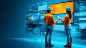 Two people in construction uniforms including hard hats, are discussing a project through a big screen