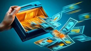 A person is emptying a sack full of dollar bills