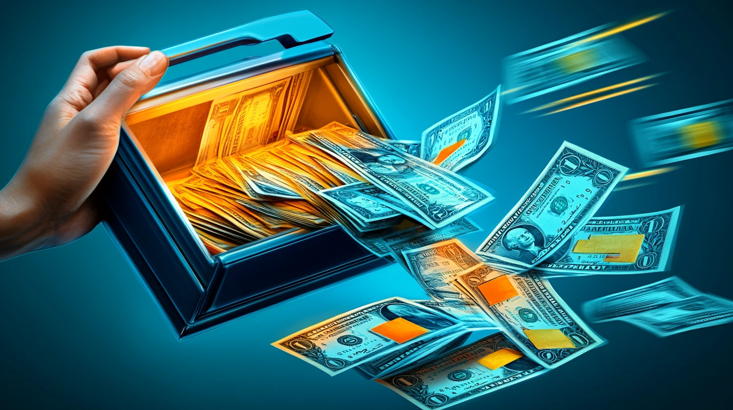 A person is emptying a sack full of dollar bills