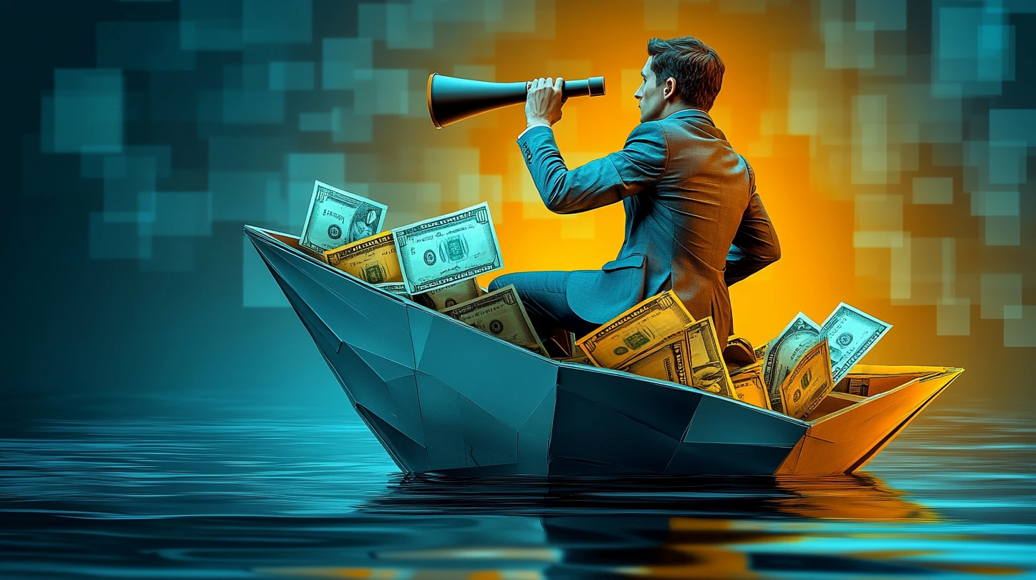 A person in a business suit is riding a paper boat made from dollar bills and is looking into a hand-held telescope