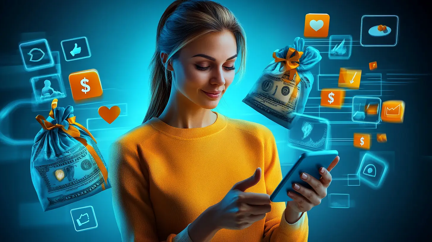 A lady is looking at her phone and social media symbols are floating around her including a heart, thumbs up, a hashtag and bags of money with a dollar sign