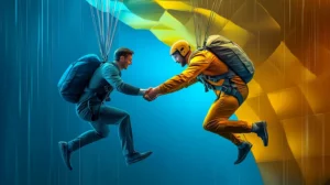 A client and a sales rep are skydiving and doing a handshake to get a deal done