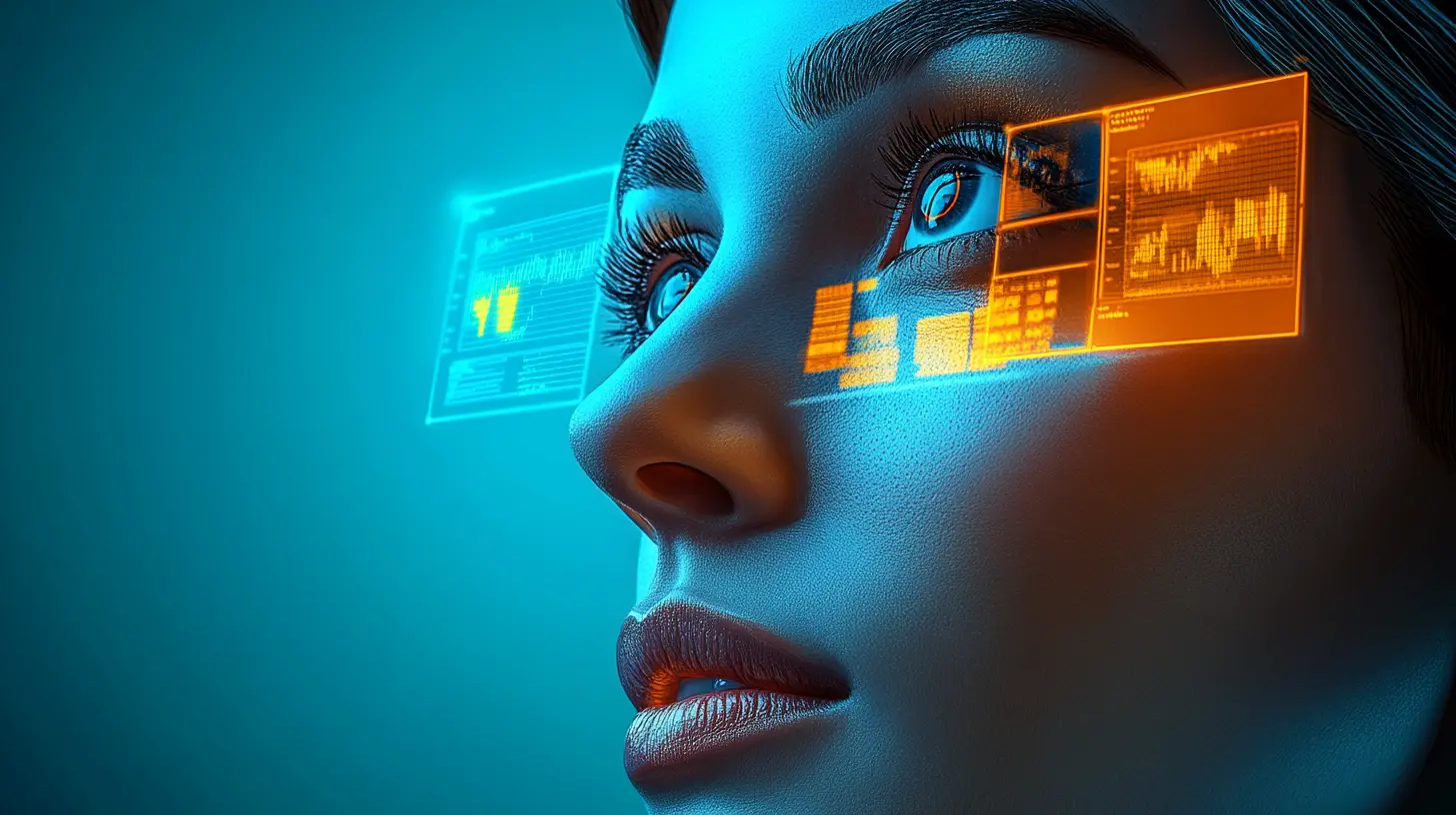 Close up of a lady's face with data analysis on different parts of the face including the eyes, nose and mouth