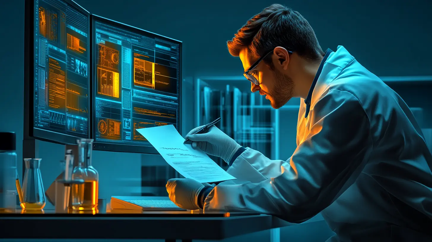 A person in a laboratory suit and glasses is looking at a sheet of paper intently with a computer with many monitors on the back