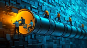 A number of people are making adjustments on a literal pipeline using tools like a drill, welding machine and paint