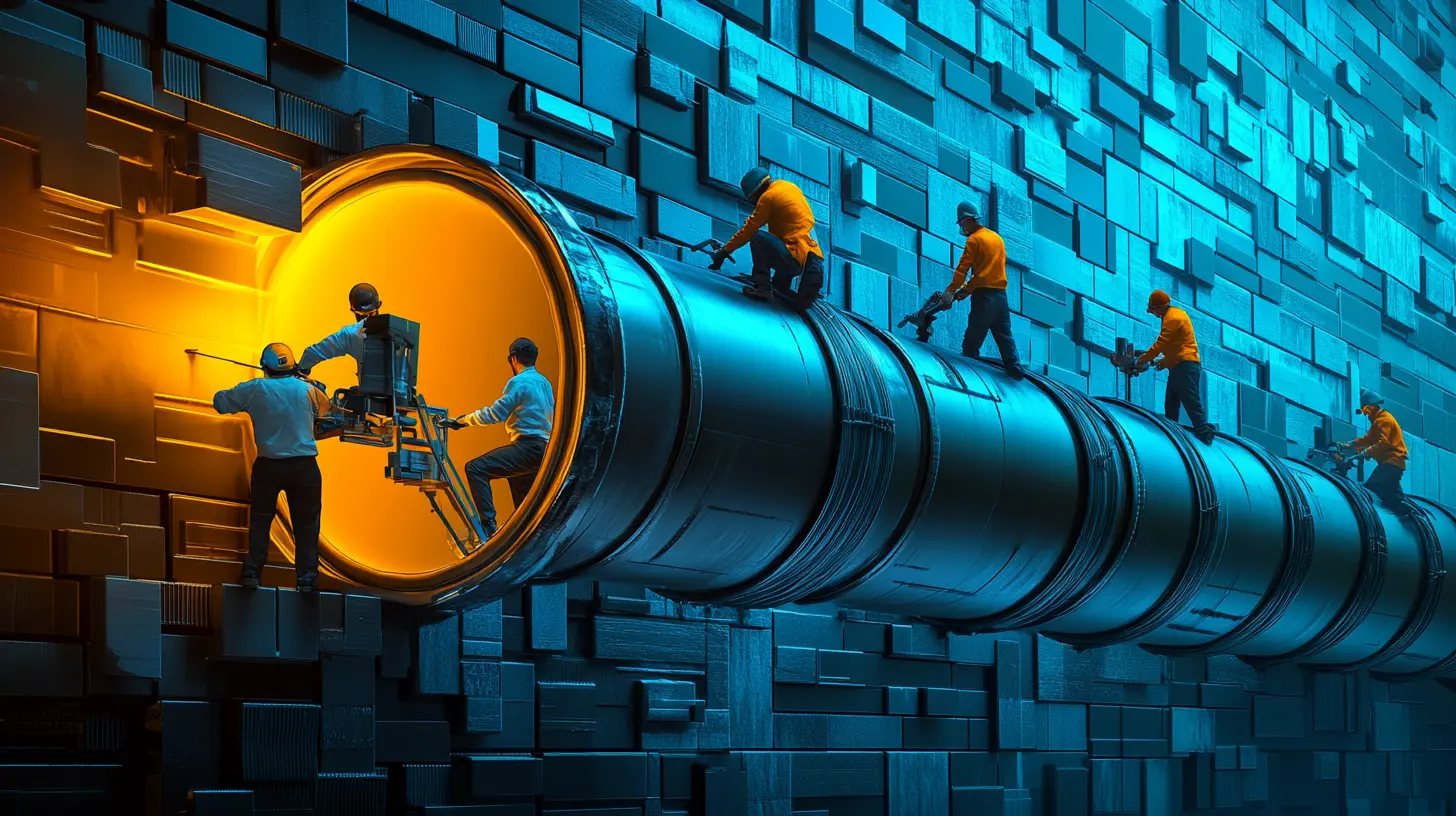 A number of people are making adjustments on a literal pipeline using tools like a drill, welding machine and paint