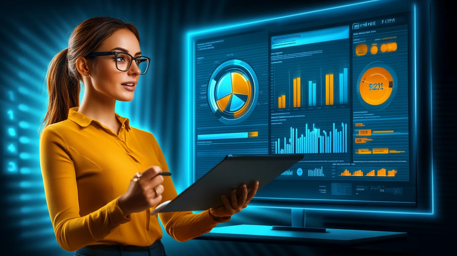 A lady presenting a marketing report beside a big screen showing charts, graphs and numbers