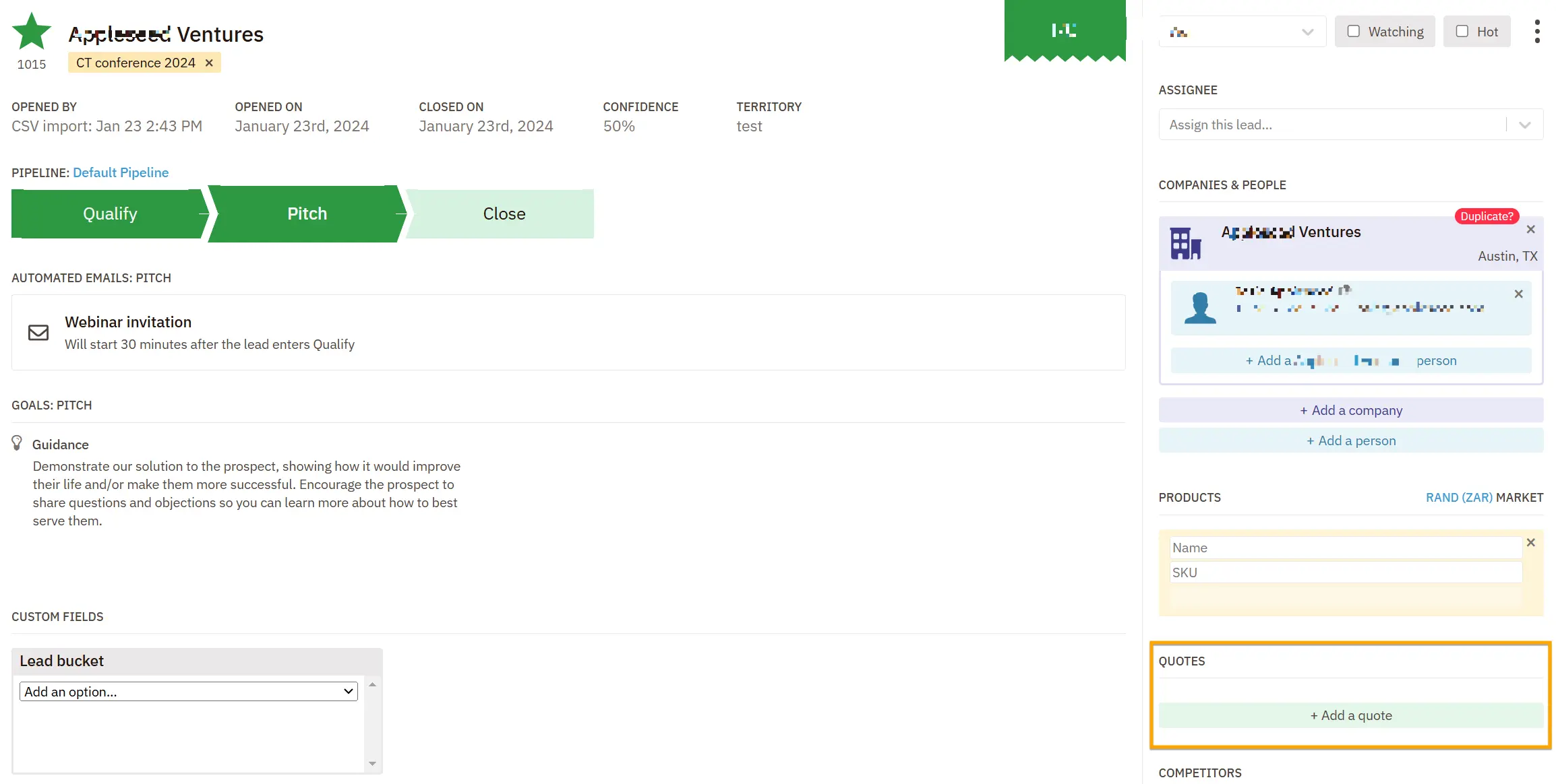 A screenshot of a Lead page in Nutshell showing the Add a Quote button