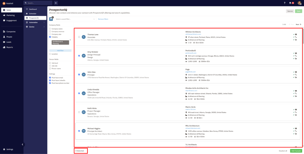 A screenshot of the ProspectorIQ tool taken inside the Nutshell CRM app