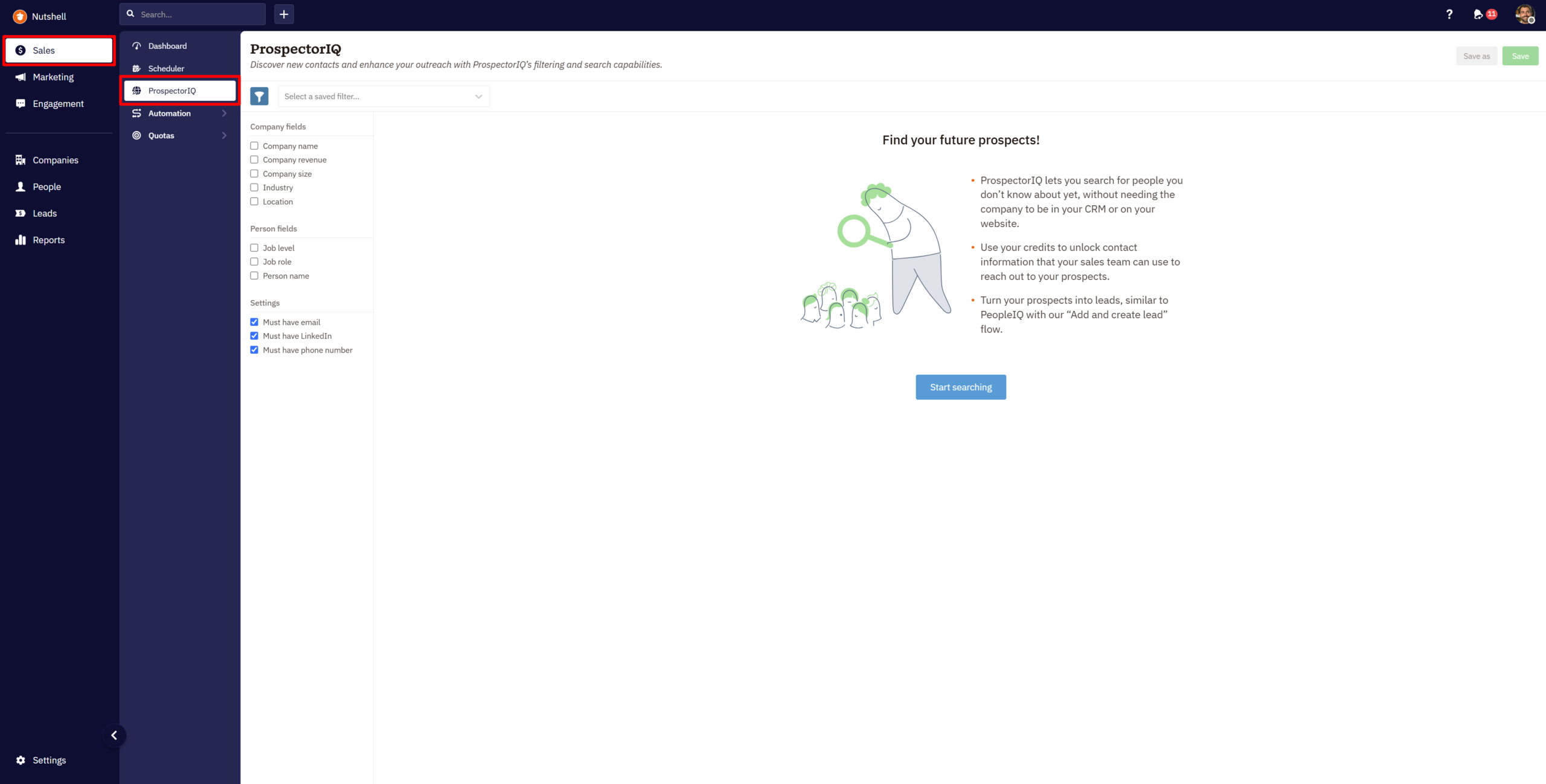 A screenshot of the ProspectorIQ tool taken inside the Nutshell CRM app