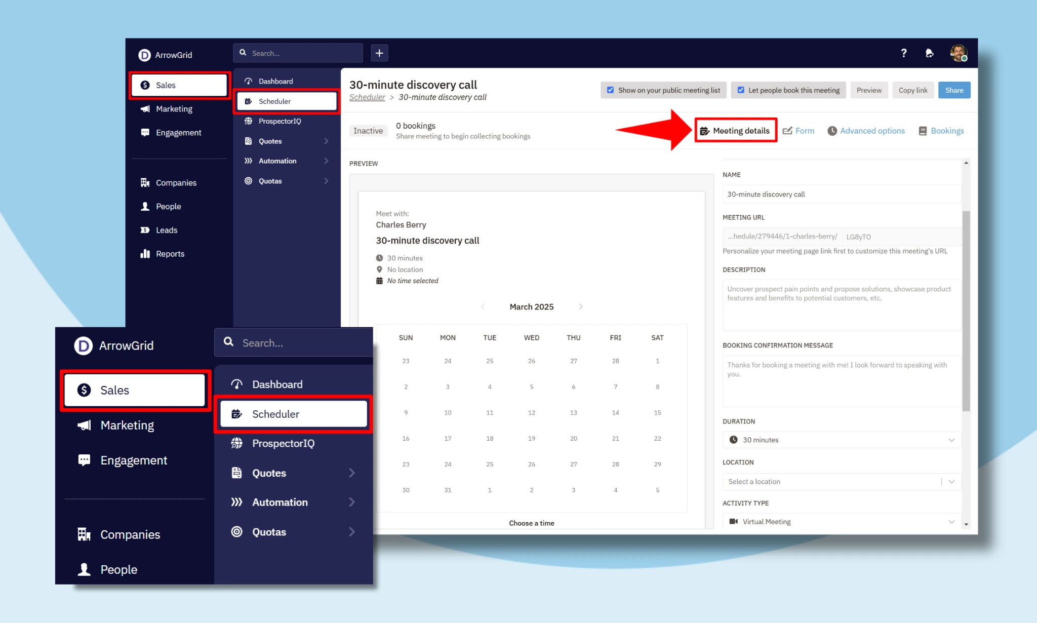 Screenshot showing Nutshell's meeting scheduling tool with meeting detail configuration settings