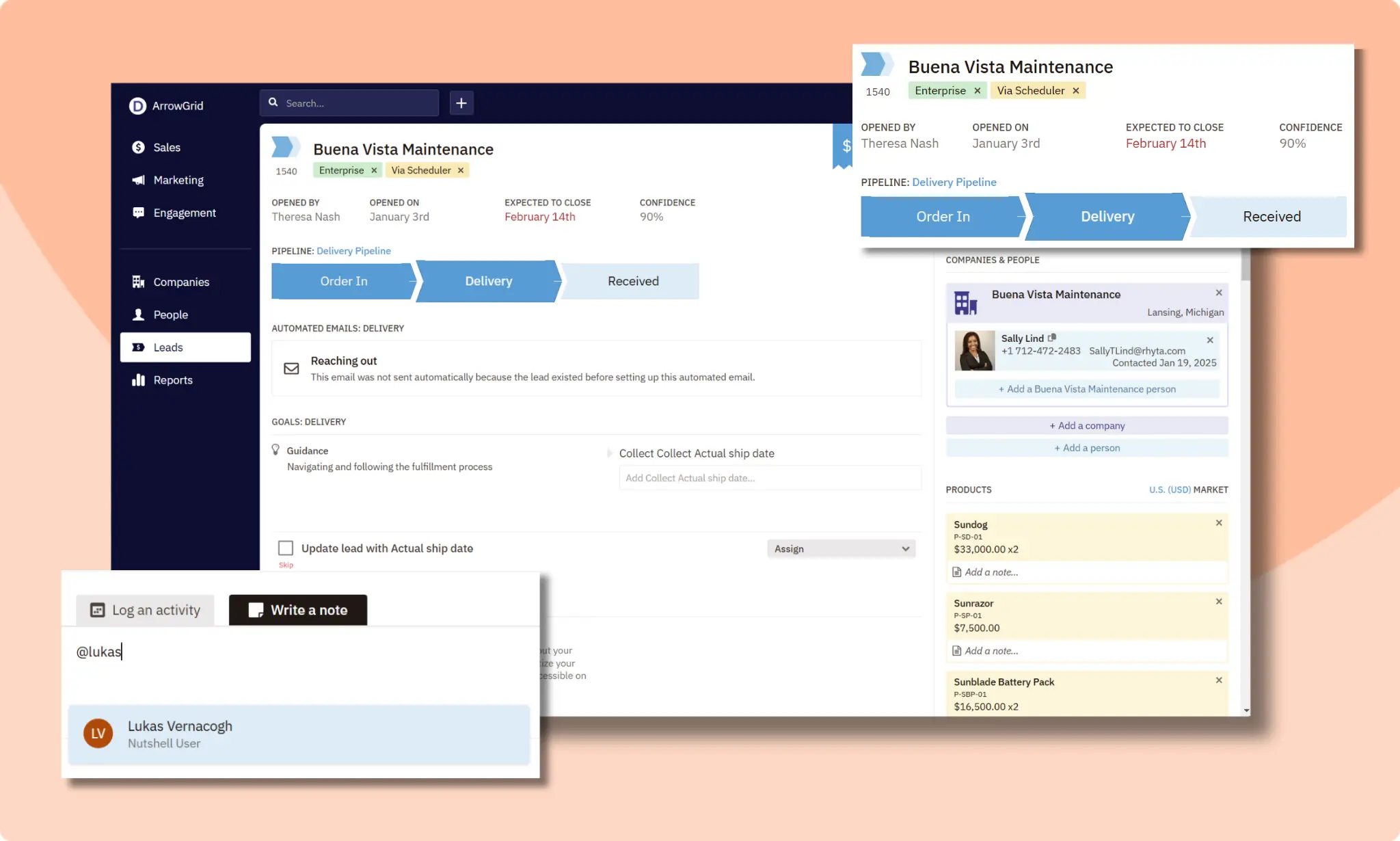 Screenshot in the Nutshell CRM app showing color-coded tags and @-mention tags in a Company record