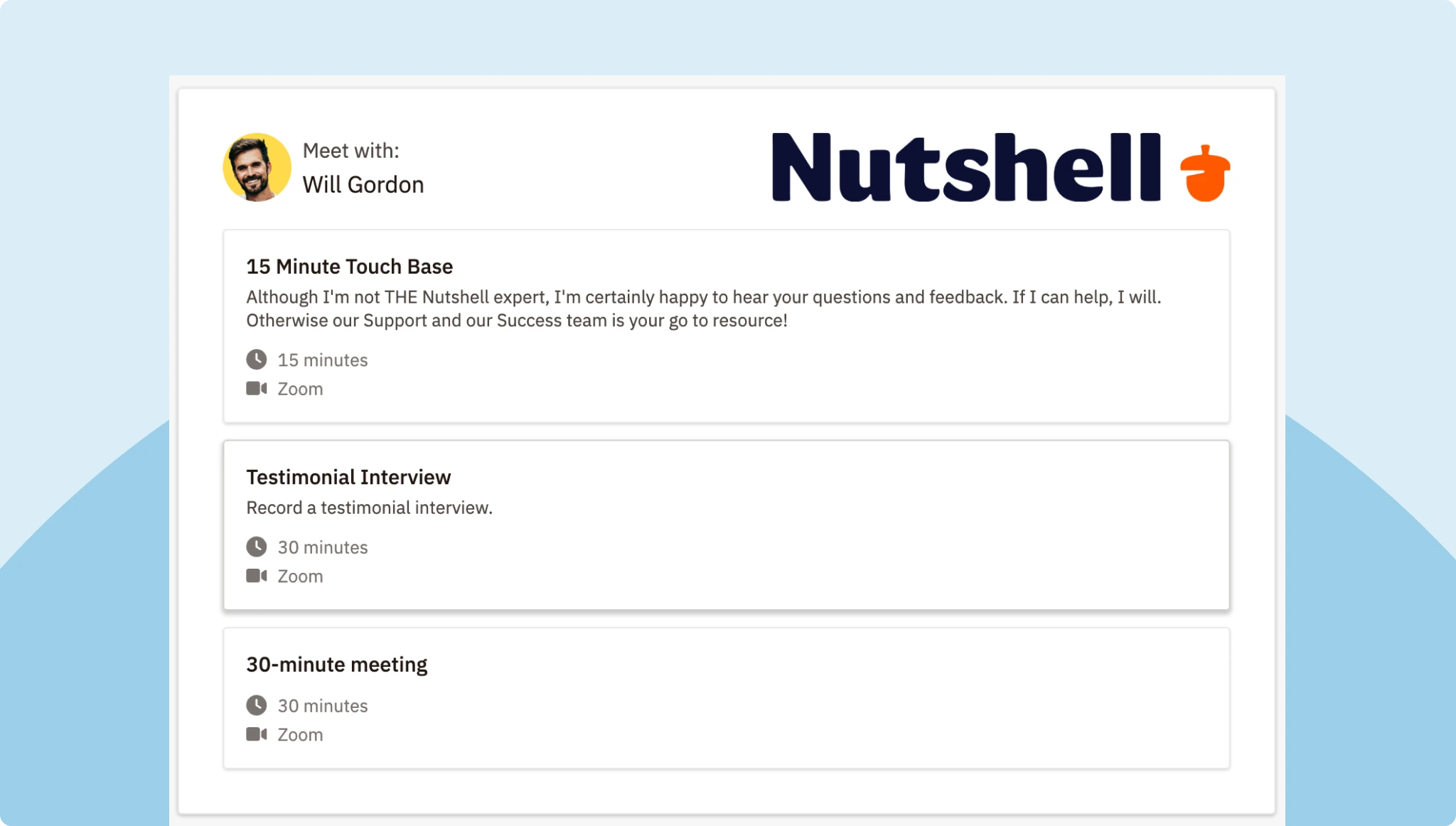Example of a customizable Nutshell Scheduler meeting page with company branding and team member avatar