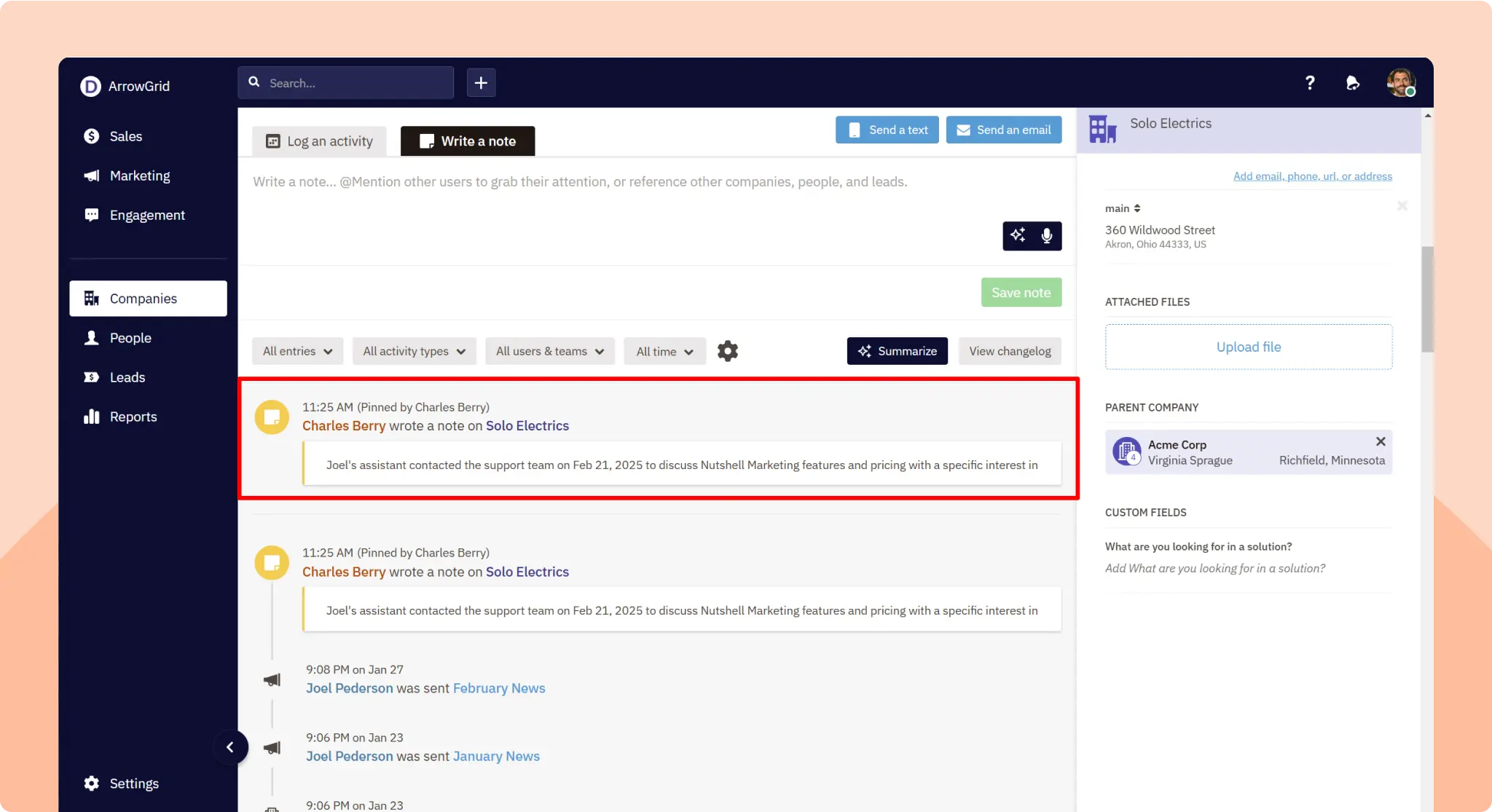 A screenshot of a Company record in the Nutshell CRM showing a pinned note added to the top of the timeline