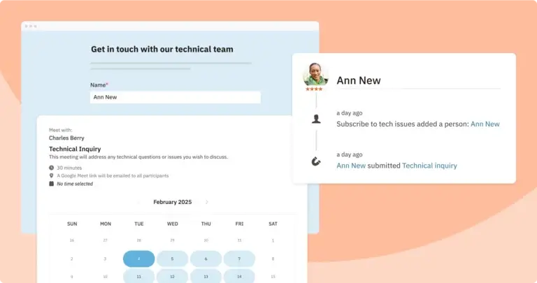 Nutshell's meeting scheduler calendar interface, showing the ability to add a form with custom fields and easily add contact information to your CRM