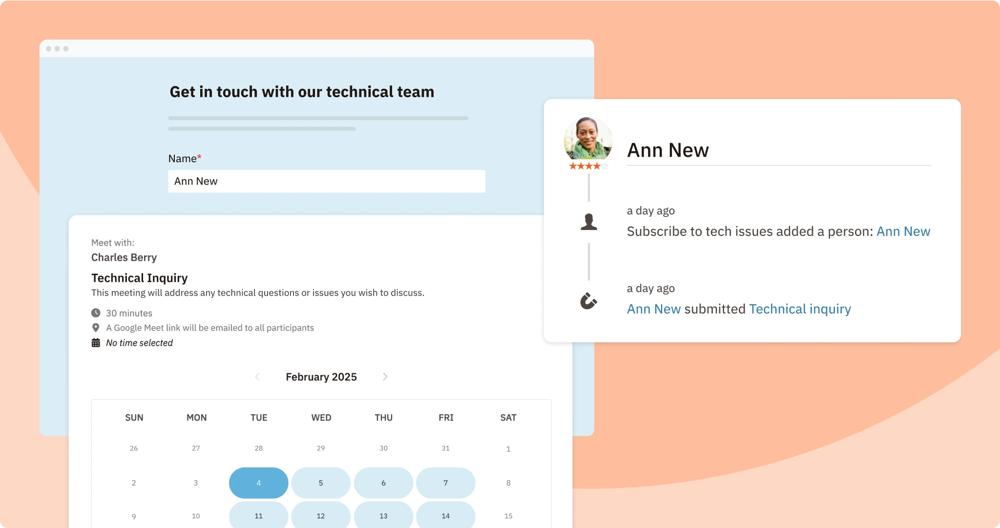 Nutshell's meeting scheduler calendar interface, showing the ability to add a form with custom fields and easily add contact information to your CRM