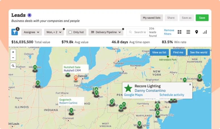 Nutshell CRM leads dashboard showing geographic map view of 206 business deals with contact details and pipeline metrics