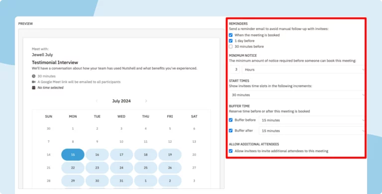Nutshell Scheduler in-app screenshot showing the interface for setting up reminders, and other essential meeting information