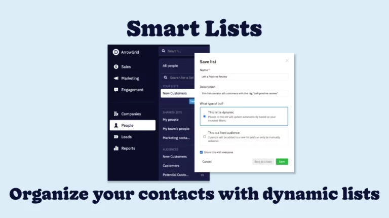 Smart Lists announcement with the tagline "Organize your contacts with dynamic lists"