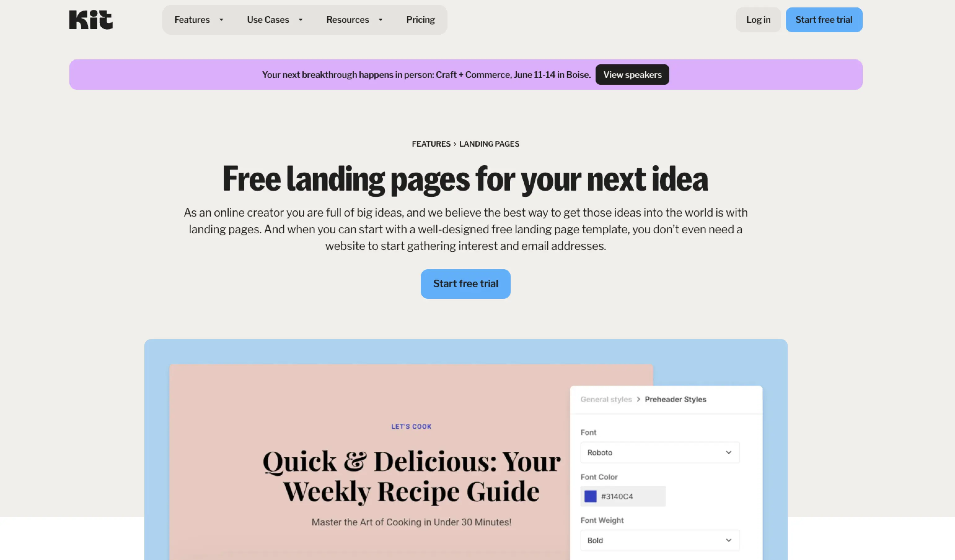 Feature page on Kit's website for the best and free landing page builders