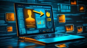 an image of a customer profile with an arrow pointing towards a laptop with data, charts and graphs on screen