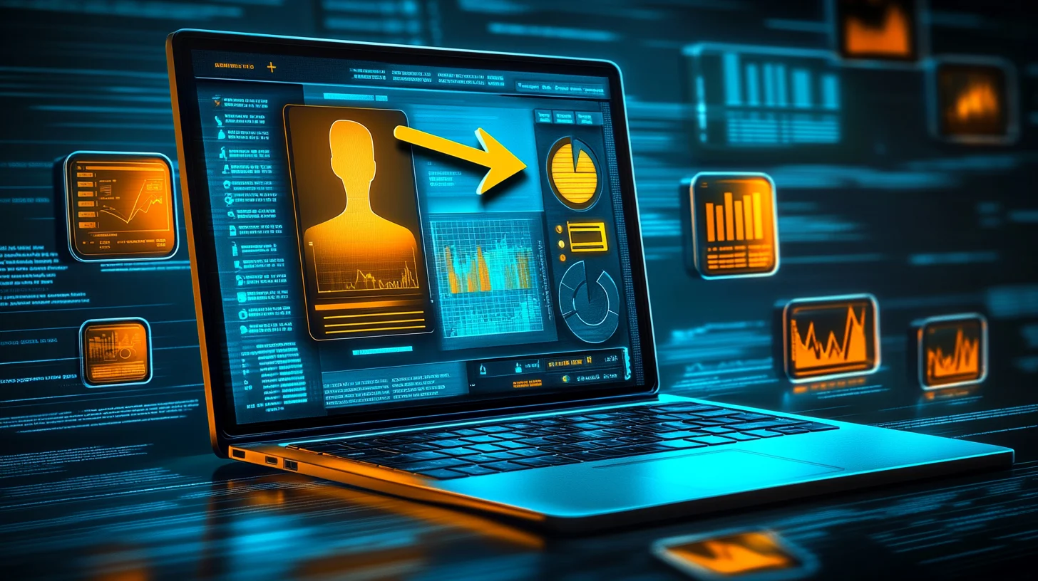 an image of a customer profile with an arrow pointing towards a laptop with data, charts and graphs on screen
