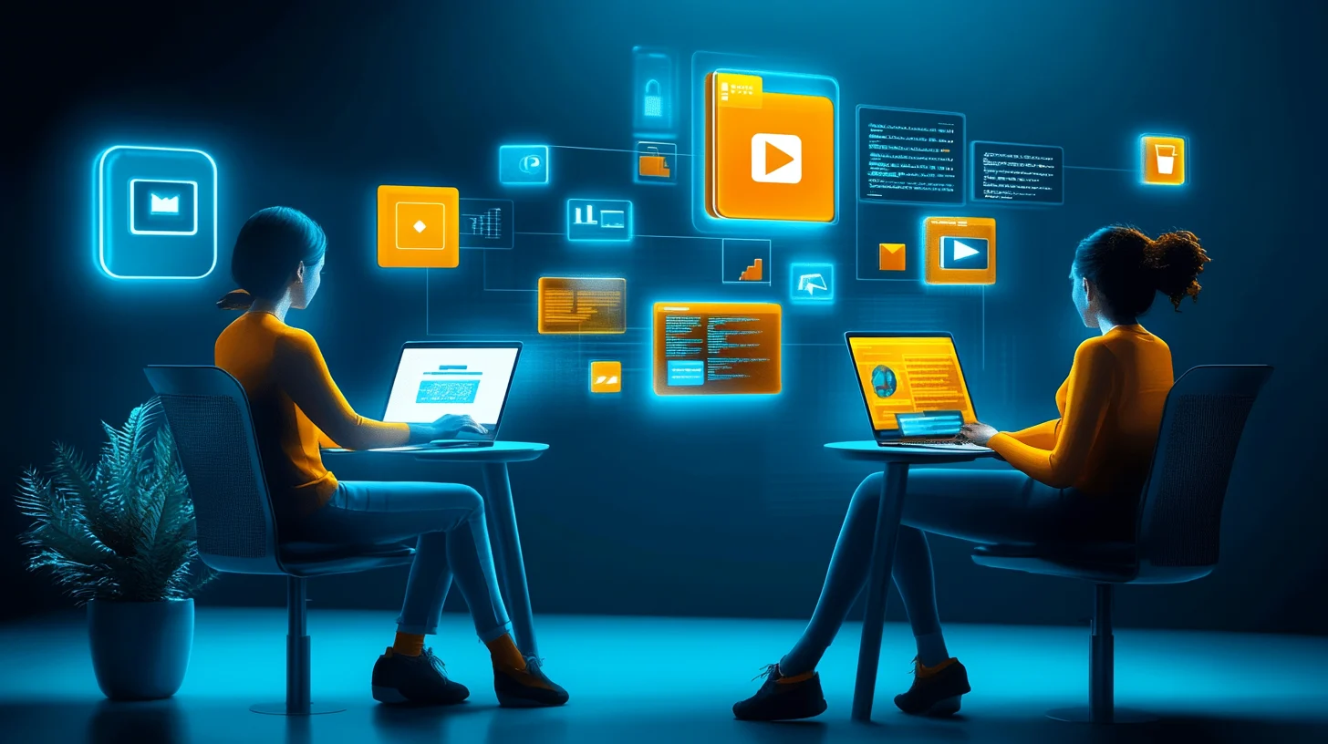 two people sitting with laptops facing each other, and icons for different software tools floats above and between them