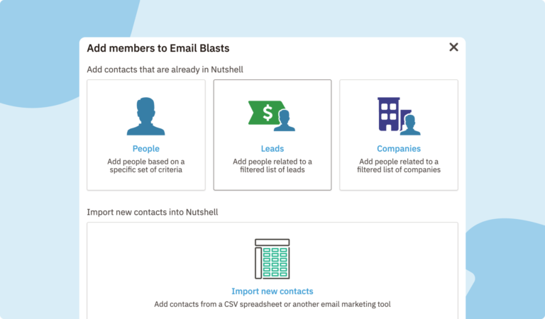 Options for adding members to email blasts, including People, Leads, Companies, and new contacts