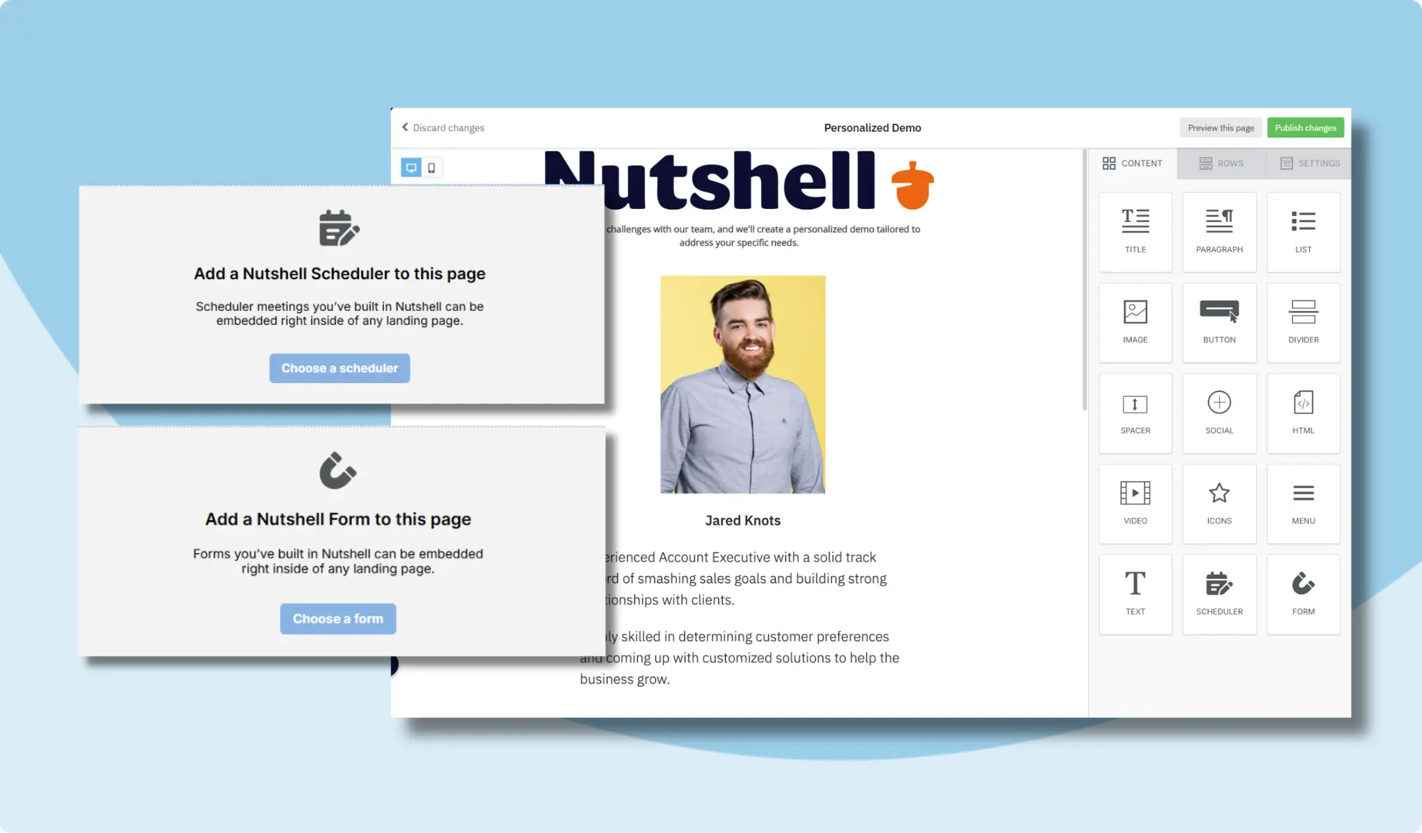 A composite image showing Nutshell's no-code landing page builder with options to include a meeting scheduler and web form