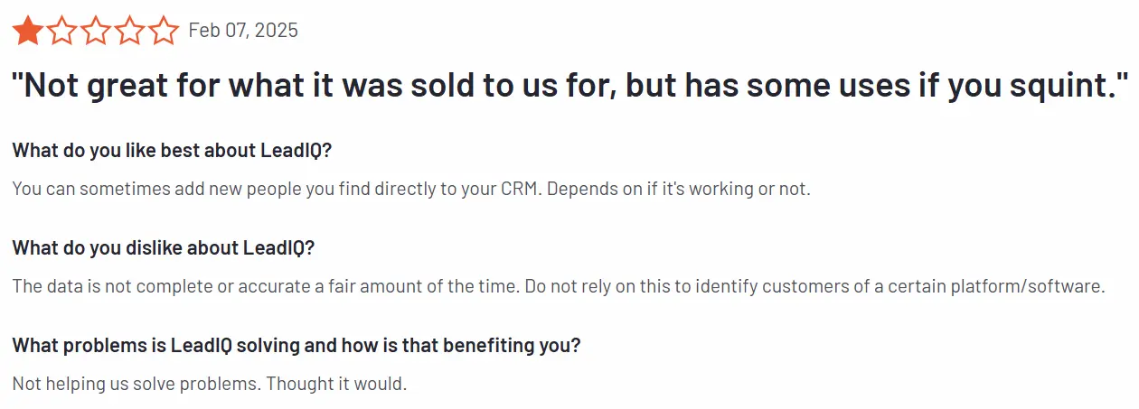 LeadIQ review from G2 - one star