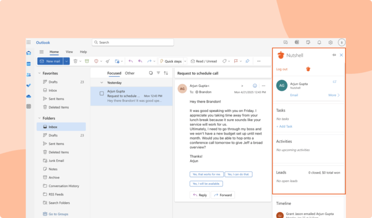 Nutshell's Outlook extension interface, with options to add tasks, availability, and leads
