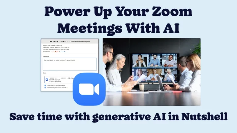 Zoom AI enhancements announcement with the text "Save time with generative AI in Nutshell"