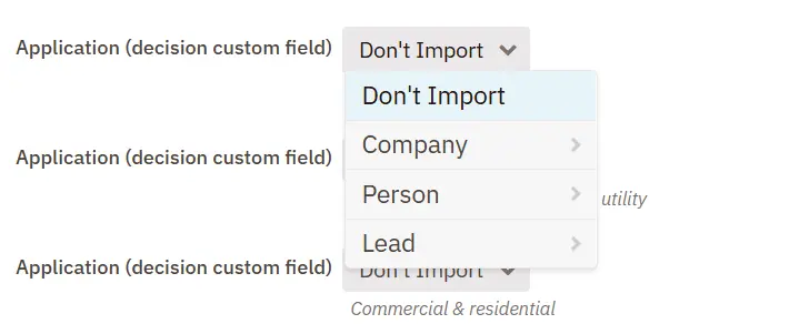 a screenshot of the dropdown options when importing data to nutshell