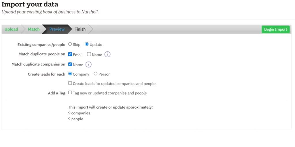 preview window when importing data to nutshell