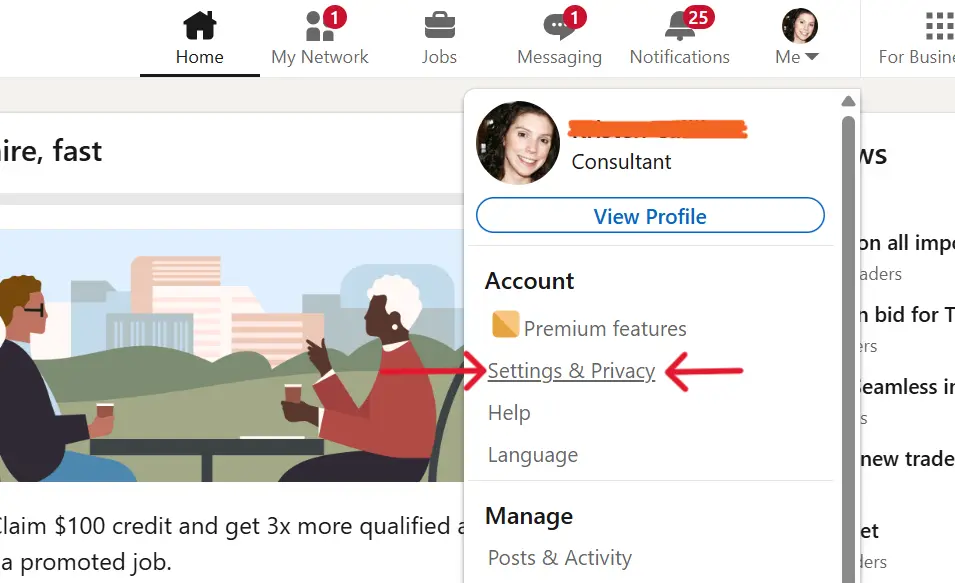 screenshot of where to find the settings and privacy of linkedin