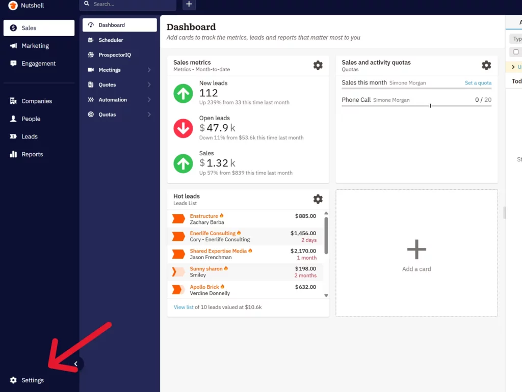 screenshot of where to find the settings gear icon inside nutshell