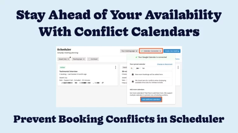 Conflict Calendars announcement with the tagline "Prevent Booking Conflicts in Scheduler"